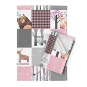 Woodland Critters Patchwork Quilt - Bear Moose Fox Raccoon Wolf, Grey & Pink Design GingerLous