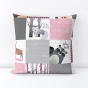 Woodland Critters Patchwork Quilt - Bear Moose Fox Raccoon Wolf, Grey & Pink Design GingerLous