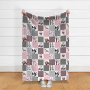 Woodland Critters Patchwork Quilt - Bear Moose Fox Raccoon Wolf, Grey & Pink Design GingerLous