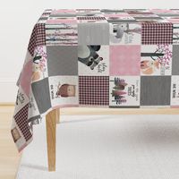 Woodland Critters Patchwork Quilt - Bear Moose Fox Raccoon Wolf, Grey & Pink Design GingerLous