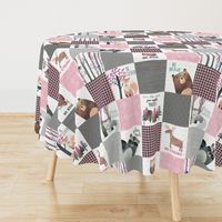 Woodland Critters Patchwork Quilt - Bear Moose Fox Raccoon Wolf, Grey & Pink Design GingerLous