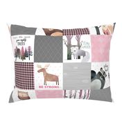 Woodland Critters Patchwork Quilt - Bear Moose Fox Raccoon Wolf, Grey & Pink Design GingerLous