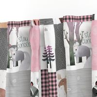 Woodland Critters Patchwork Quilt - Bear Moose Fox Raccoon Wolf, Grey & Pink Design GingerLous