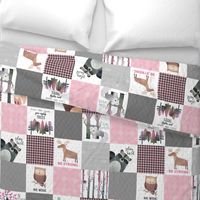 Woodland Critters Patchwork Quilt - Bear Moose Fox Raccoon Wolf, Grey & Pink Design GingerLous