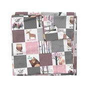 Woodland Critters Patchwork Quilt - Bear Moose Fox Raccoon Wolf, Grey & Pink Design GingerLous