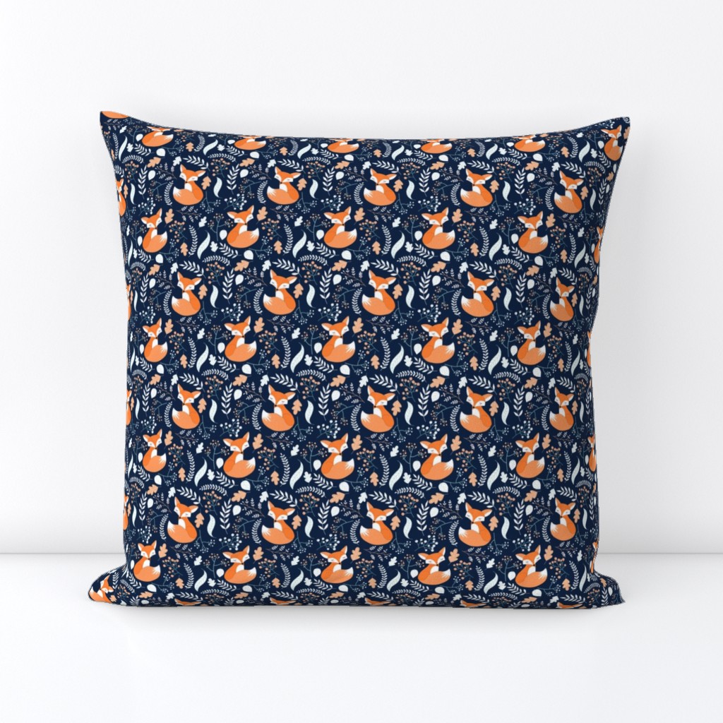 SMALLER Fox - Sleepy Foxes (navy) Baby Nursery Woodland Animals Kids Childrens Bedding N10