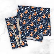 SMALLER Fox - Sleepy Foxes (navy) Baby Nursery Woodland Animals Kids Childrens Bedding N10