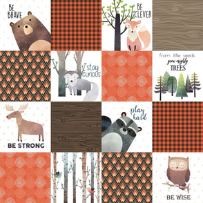 Woodland Critters Patchwork Quilt - Bear Moose Fox Raccoon Wolf, Brown & Orange Design GingerLous