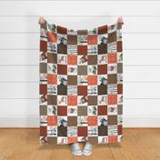 Woodland Critters Patchwork Quilt ROTATED - Bear Moose Fox Raccoon Wolf, Brown & Orange Design GingerLous