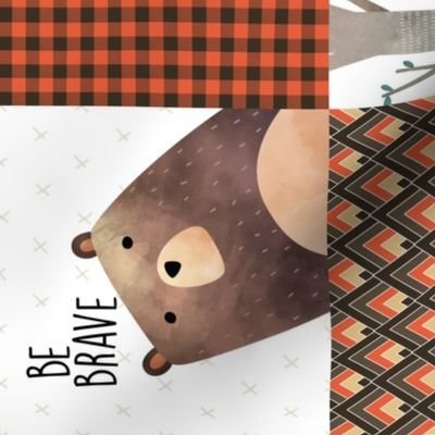 Woodland Critters Patchwork Quilt ROTATED - Bear Moose Fox Raccoon Wolf, Brown & Orange Design GingerLous