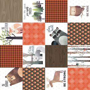 4.5" BLOCKS- Woodland Critters Patchwork Quilt ROTATED - Bear Moose Fox Raccoon Wolf, Brown & Orange Design GingerLous