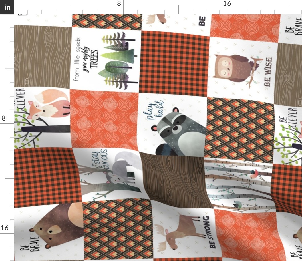 4.5" BLOCKS- Woodland Critters Patchwork Quilt ROTATED - Bear Moose Fox Raccoon Wolf, Brown & Orange Design GingerLous