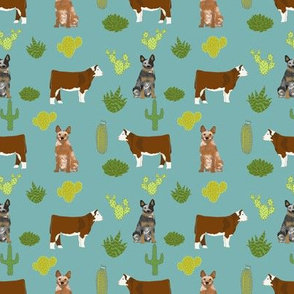 australian cattle dog (smaller scale) with cattle red heeler and blue heeler fabric blue/green