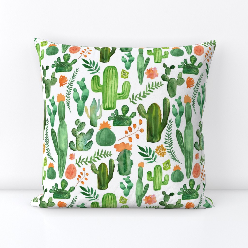 Green Boho Cactus on White with Orange Accents