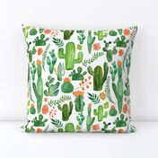 Green Boho Cactus on White with Orange Accents