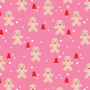 December happy holidays christmas theme kids gingerbread man and christmas trees and stars illustration in pink girls