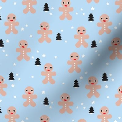 December happy holidays christmas theme kids gingerbread man and christmas trees and stars illustration in blue boys