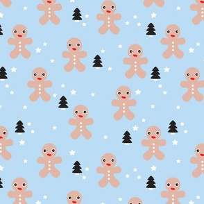 December happy holidays christmas theme kids gingerbread man and christmas trees and stars illustration in blue boys