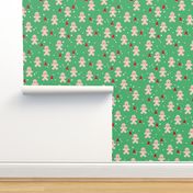 December happy holidays christmas theme kids gingerbread man and christmas trees and stars illustration in green red