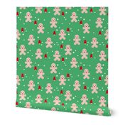 December happy holidays christmas theme kids gingerbread man and christmas trees and stars illustration in green red