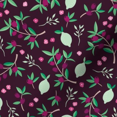 Sweet floral olive lemon garden in red wine and green summer love print