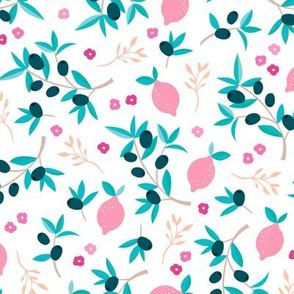 Sweet italian floral olive lemon garden in pink peach and blue summer love print