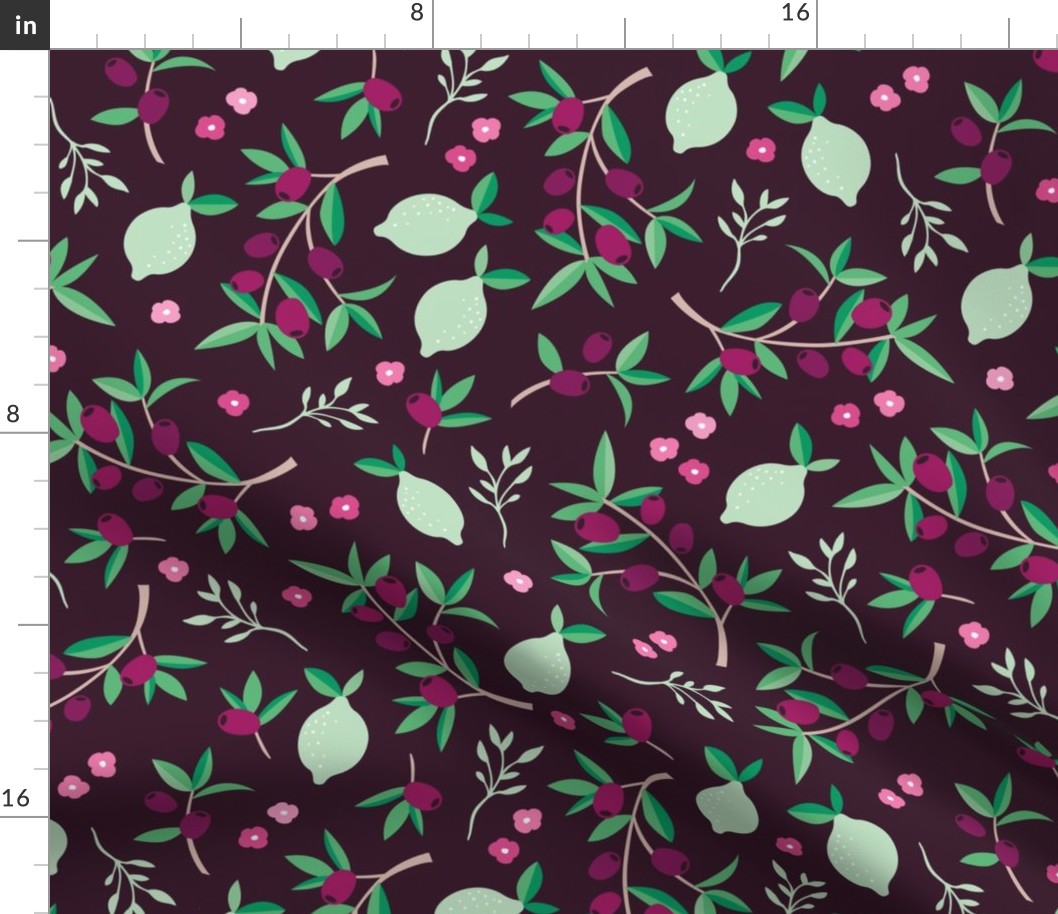 Sweet floral olive lemon garden in red wine and green summer love print jumbo