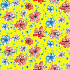 Red and Blue Floral Yellow Background