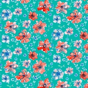 Red and Blue Floral Green Background