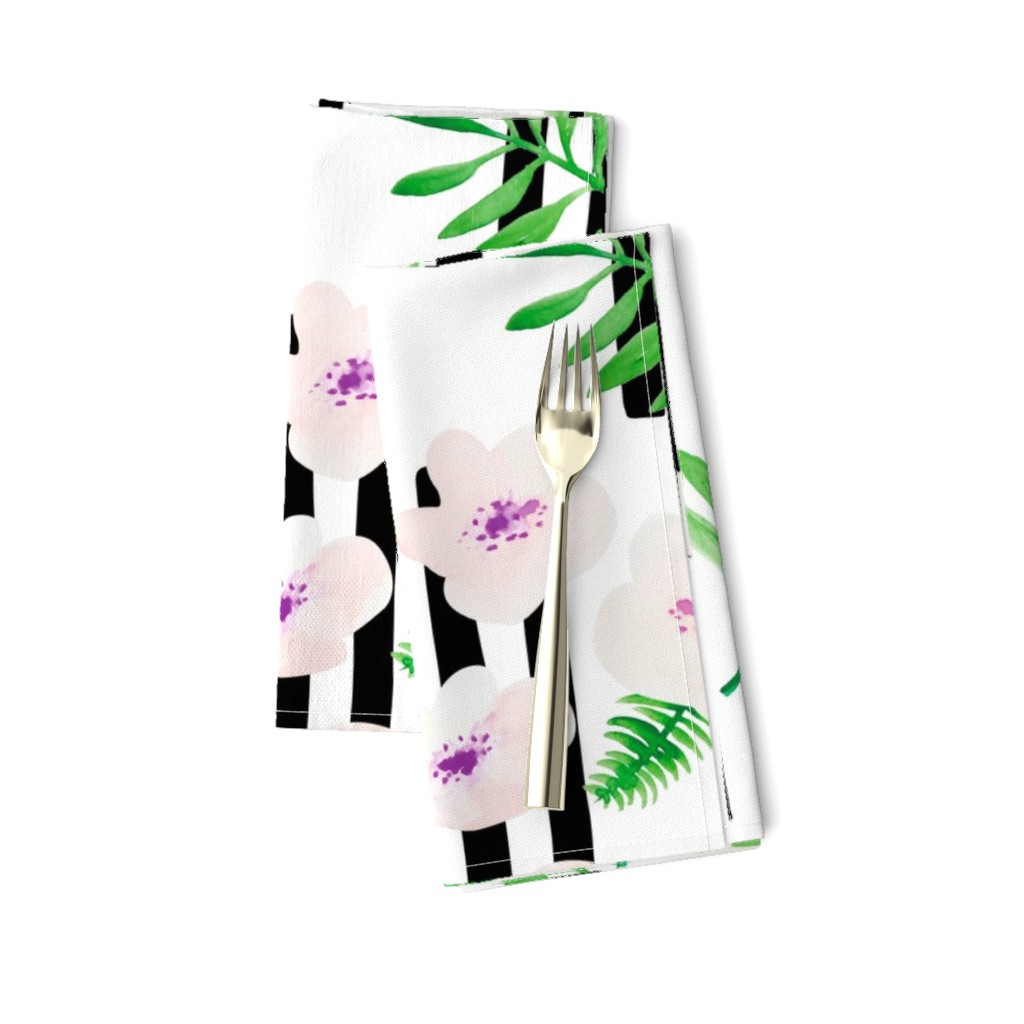 Botanical aloha garden watercolors summer palm leaves and cherry flowers blossom stripes purple green jumbo 