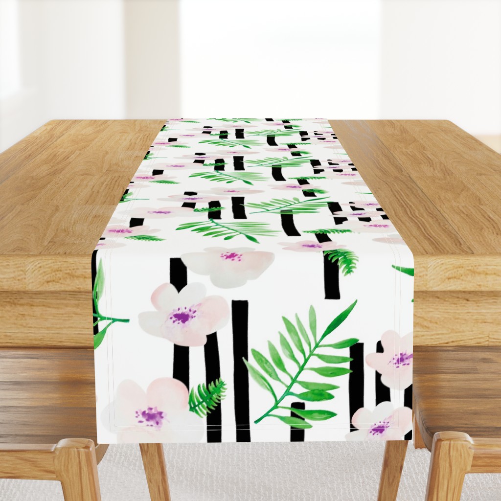 Botanical aloha garden watercolors summer palm leaves and cherry flowers blossom stripes purple green jumbo 