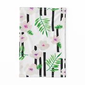 Botanical aloha garden watercolors summer palm leaves and cherry flowers blossom stripes purple green jumbo 