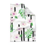 Botanical aloha garden watercolors summer palm leaves and cherry flowers blossom stripes purple green jumbo 