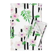 Botanical aloha garden watercolors summer palm leaves and cherry flowers blossom stripes purple green jumbo 