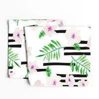 Botanical aloha garden watercolors summer palm leaves and cherry flowers blossom stripes purple green jumbo 