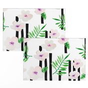 Botanical aloha garden watercolors summer palm leaves and cherry flowers blossom stripes purple green jumbo 