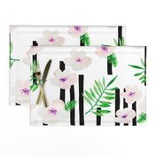 Botanical aloha garden watercolors summer palm leaves and cherry flowers blossom stripes purple green jumbo 