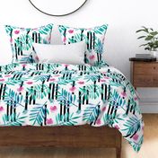 Botanical aloha garden watercolors summer palm leaves and tropical flowers blossom stripes blue pink jumbo 