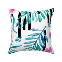 Botanical aloha garden watercolors summer palm leaves and tropical flowers blossom stripes blue pink jumbo 