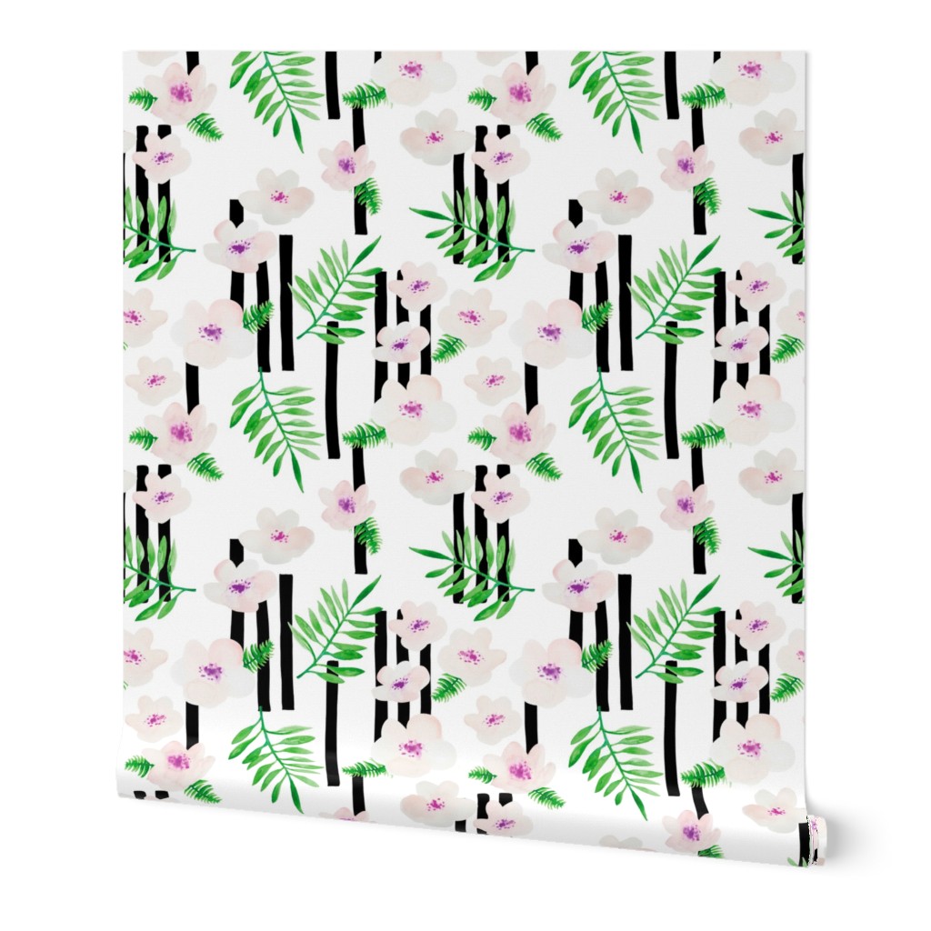 Botanical aloha garden watercolors summer palm leaves and cherry flowers blossom stripes purple green