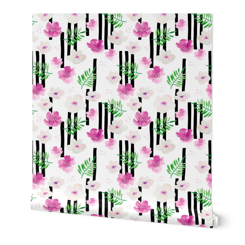 Botanical aloha garden watercolors summer palm leaves and cherry lilly flowers blossom stripes pink green