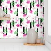 Botanical aloha garden watercolors summer palm leaves and cherry lilly flowers blossom stripes pink green