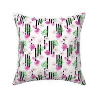 Botanical aloha garden watercolors summer palm leaves and cherry lilly flowers blossom stripes pink green
