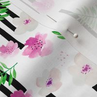 Botanical aloha garden watercolors summer palm leaves and cherry lilly flowers blossom stripes pink green