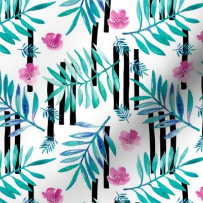 Botanical aloha garden watercolors summer palm leaves and tropical flowers blossom stripes blue pink