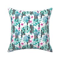 Botanical aloha garden watercolors summer palm leaves and tropical flowers blossom stripes blue pink