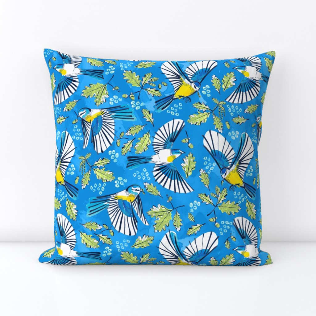 Flying Birds and Oak Leaves on Blue | Large