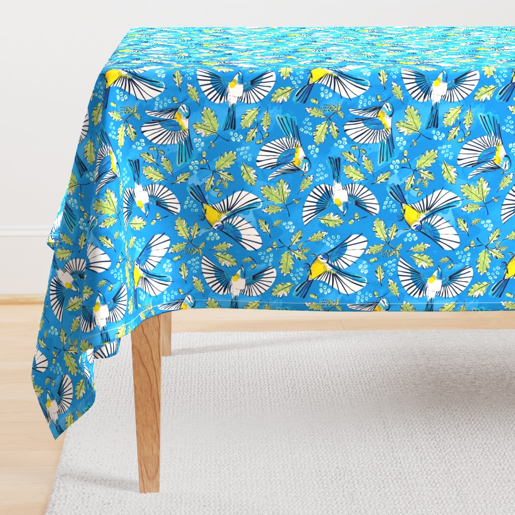 Flying Birds and Oak Leaves on Blue | Large