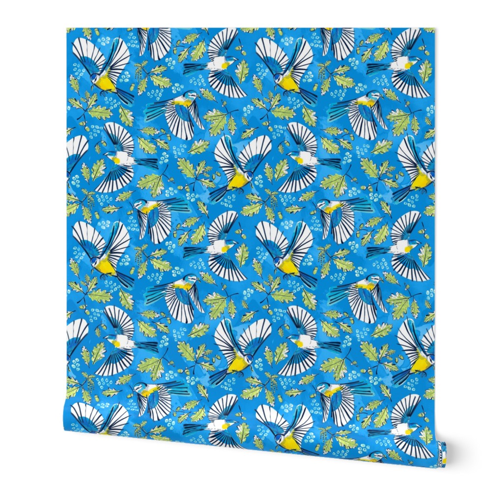 Flying Birds and Oak Leaves on Blue | Large