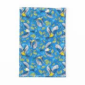 Flying Birds and Oak Leaves on Blue | Large